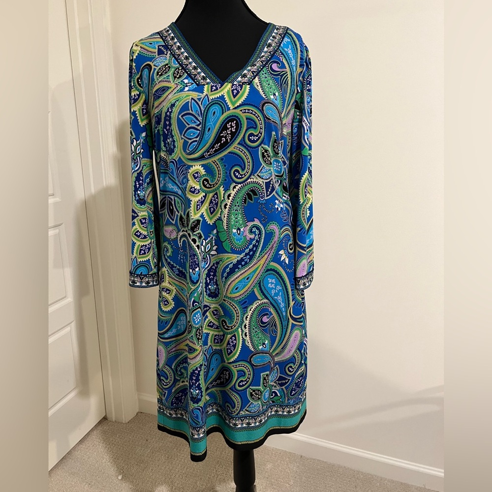Laundry by Shelli Segal S Shift Dress V-Neck 3/4 Sleeve Paisley Jersey Lined